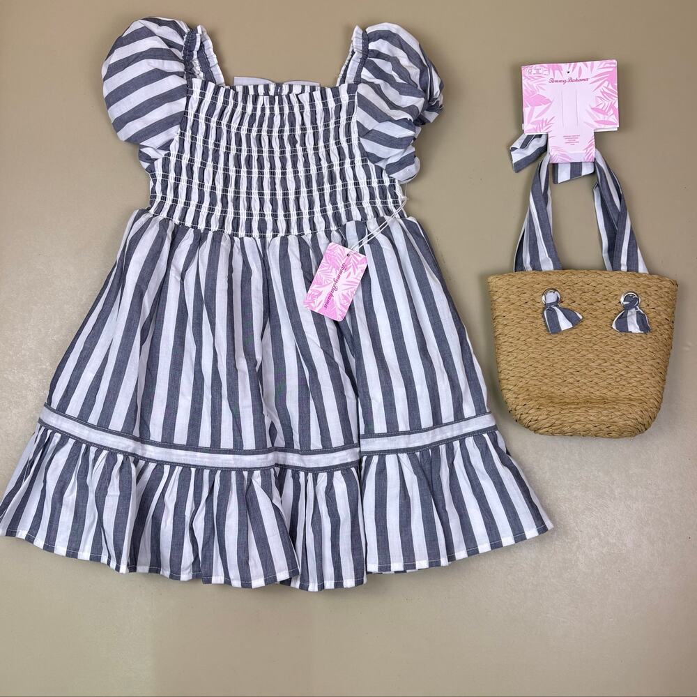 Girls Striped Dress Purse Set Tommy Bahama Size S Puff Sleeve Smocked NWT